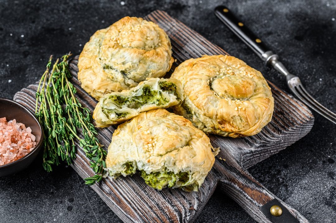 Baked Spanakopita Spiral Filo Pastry Puff Pie With Feta Cheese And Spinach